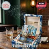 Lionel Messi glass tumbler with World Cup graphics in a blue tie-dye presentation box on a wooden table with smoke.!