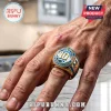 Gold Lionel Messi championship ring with blue enamel, large number 10, and 16 World Cup Goals text on a male finger.!