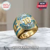 Lionel Messi championship ring in gold with blue enamel, central number 10, three stars, and Argentine sun emblem.!