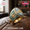 Gold Lionel Messi commemorative championship ring featuring blue stripes, a sun emblem, and number 10 on a leather ball.!