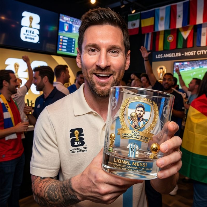 Lionel Messi Algeria Hat Trick Glass premium crystal whiskey styles displayed inside royal blue velvet boxes