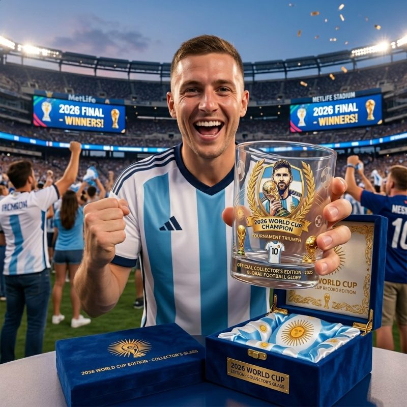 A happy football player holds a world cup glass trophy in front of a cheering stadium crowd!