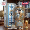 Lionel Messi commemorative stainless steel tumbler featuring World Cup trophy, gold accents, and blue Argentina striped box.!