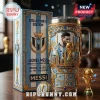 Lionel Messi commemorative metal tumbler with gold World Cup trophy, blue and white Argentina flag pattern, and display box.!