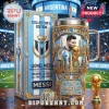 Lionel Messi commemorative tumbler featuring Argentina colors, World Cup trophy imagery, and gold relief 16 goal detailing.!