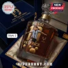 Lionel Messi glass whiskey decanter with gold print, soccer ball graphics, and blue velvet presentation gift box.!