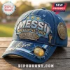 Denim baseball cap featuring Messi World Cup embroidery, gold metal soccer ball, World Cup trophy pin, and stats patch.!