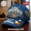 Blue denim baseball cap with Messi World Cup Hat-Trick embroidery, golden soccer ball pin, and metal commemorative plaques.!