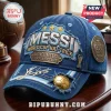 Blue denim baseball cap with Messi embroidery, gold metallic accents, World Cup trophy pin, and distressed patch detailing.!