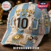 Argentina national team baseball cap with blue and white stripes, gold Messi text, number 10, AFA logo, and gold sun emblem.!