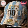 Argentina themed baseball cap with Messi name, number 10, three gold stars, AFA crest, and gold sun emblem on striped fabric.!