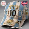 Light blue and white striped baseball cap featuring gold text Messi, three stars, number 10, and an AFA crest emblem.!