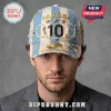 Distressed blue and white baseball cap featuring Messi 10, three gold stars, a gold sun emblem, and frayed fabric edges.!
