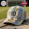 Distressed baseball cap in Argentina blue and white stripes with gold Messi 10 embroidery, three stars, and AFA logo.!