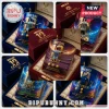 Lionel Messi themed whiskey glasses in branded display boxes with gold text, stadium graphics, and soccer ball accents.!