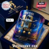 Lionel Messi theme whiskey glass in a blue velvet-lined gift box featuring a gold stadium graphic and number 10 jersey.!