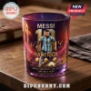 Lionel Messi graphic whiskey glass with purple gradient, soccer player image, number 10, and stadium background artwork.!