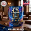 Blue glass tumbler featuring Lionel Messi with number 10 jersey, stadium background, and Hat Trick text on wooden table.!