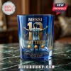 Blue glass whiskey tumbler featuring Lionel Messi, number 10 jersey, three gold soccer balls, and Hat Trick text.!