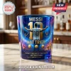 Blue glass whiskey tumbler featuring Lionel Messi with number 10 jersey, golden soccer balls, and stadium background graphics.!