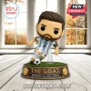 Lionel Messi collectible bobblehead figure wearing Argentina jersey standing on a turf base labeled THE G.O.A.T.!