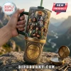 Lord of the Rings 25th anniversary insulated tumbler with character art, green handle, and gold embossed ring detail.!