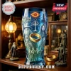 Lord of the Rings pint glass featuring the One Ring, Gandalf, Aragorn, and hobbits in blue and gold tones.!