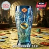 Blue glass beer glass featuring Lord of the Rings characters, the One Ring, and the Eye of Sauron in a fantasy tavern.!