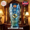 Lord of the Rings graphic beer glass featuring Gandalf, Aragorn, hobbits, the One Ring, and the Eye of Sauron in blue tones.!