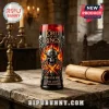 Lord of the Rings 25th anniversary black glass featuring a skull helmet, flames, and Born for War text on a stone table.!
