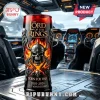 Lord of the Rings commemorative tumbler featuring a skull in a horned helmet, orange flames, and 25th anniversary text.!