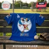 Blue Los Angeles Dodgers baseball jersey featuring Monkey D. Luffy from One Piece, Straw Hat logo on sleeves, on a wood bench.!