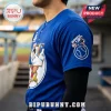 Blue polyester baseball jersey featuring a One Piece Monkey D. Luffy graphic and LA Dodgers logo on a button-down shirt.!