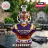 Faceted crystal tiger decanter in purple and gold featuring Bayou Bengals text on a marble surface.!