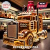 Amber glass truck-shaped whiskey decanter with Maker's Mark branding and a red wax-style cap sitting on a bar counter.!