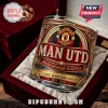 Manchester United whiskey glass in velvet-lined wooden gift box featuring gold filigree and club crest with est 1878 text.!