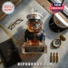 Glass United States Marine Corps bulldog decanter wearing a dress blue uniform and service cap on a stone surface.!