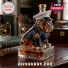 Marine Corps bulldog glass whiskey decanter wearing a dress blue uniform and white cap on a rectangular base.!