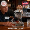 Marine Corps bulldog whiskey decanter with gold crown topper, clear glass body, and black base with engraved metal plate.!
