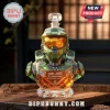 Master Chief helmet shaped glass whiskey decanter with 2001-2026 25th anniversary text engraving on a wooden table.!