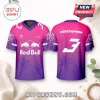 Pink and purple gradient Red Bull Racing jersey featuring Verstappen number 3, palm tree silhouettes, and Oracle branding.!