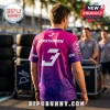 Man wearing a magenta and purple polyester Formula 1 racing jersey with Verstappen, number 3, and palm tree graphics.!