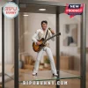 Elvis Presley action figure in white studded jumpsuit playing a sunburst acoustic guitar inside a glass display cabinet.!