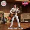 Elvis Presley action figure wearing a white rhinestone jumpsuit, playing a sunburst hollow-body guitar with gold microphone.!