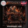 Megadeth band members performing on stage with Vic Rattlehead behind them in a metallic frame with fiery orange details.!