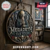 Round Megadeth Fan Room wooden hanging sign featuring a skeleton in a suit with headphones, chains, guitars, and skulls.!