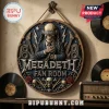 Round wooden Megadeth Fan Room wall sign featuring a skeleton in a suit, guitars, chains, and skulls on blue background.!