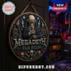 Megadeth Fan Room circular wooden wall sign featuring a skull in a suit, guitars, chains, and text on a dark blue background.!