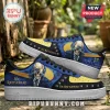 Megadeth Vic Rattlehead custom sneakers with yellow toe boxes, blue skull graphics, metal studs, and white soles.!