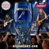 Blue glass Metallica beer glass with 45 Years of Fury 1981-2025 text, silver angel, scales, and cross relief detailing.!